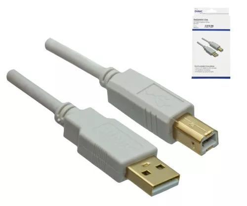 HQ USB 2.0 Cable A male to B male, UL 2725, 28 AWG / 2C, 26 AWG / 2C, white, 3,00m DINIC Box